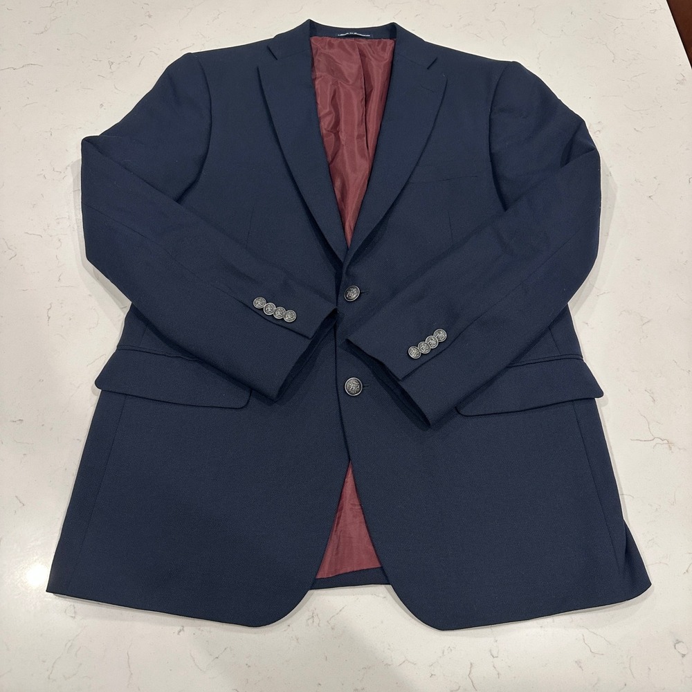 Hart Schaffner Marx Mens 42R Navy Blue Wool Blazer Sport Coat Crest Button